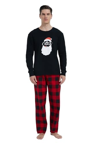 GLOBAL Herren Schlafanzüge Flanell Herren Pyjama Set Baumwolle Langarm-Pullover Oberteil und elastische Unterteile mit Kordelzug Weich Bequem Rot Schwarz Kariert L von GLOBAL