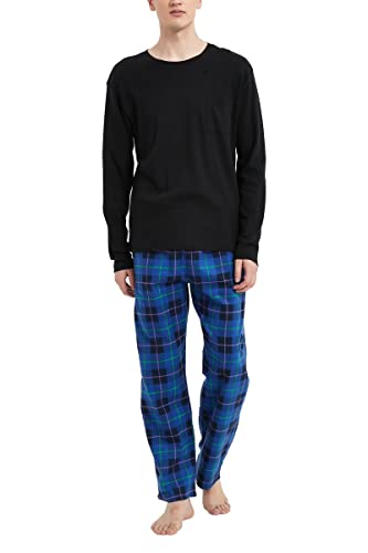 GLOBAL Herren Schlafanzüge Flanell | Herren Pyjama Set Baumwolle | Langarm-Pullover Oberteil und elastische Unterteile mit Kordelzug |Weich Bequem|Schwarzes Top, Blau-Schwarz Karierte Hose S von GLOBAL