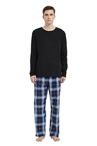 GLOBAL Herren Schlafanzüge Flanell | Herren Pyjama Set Baumwolle | Langarm-Pullover Oberteil und elastische Unterteile mit Kordelzug |Weich Bequem|Schwarzes Top, Dunkelblaue Karierte Hose L von GLOBAL