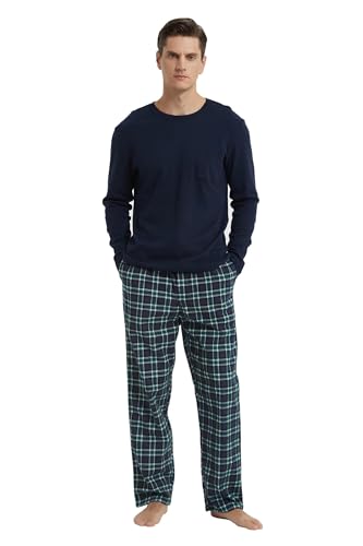 GLOBAL Herren Schlafanzüge Flanell Herren Pyjama Set Baumwolle Langarm-Pullover Oberteil und elastische Unterteile mit Kordelzug Weich Bequem,Grün-Schwarz Karierte Hose,M von GLOBAL