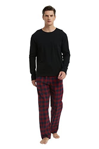 GLOBAL Herren Schlafanzüge Flanell | Herren Pyjama Set Baumwolle | Langarm-Pullover Oberteil und elastische Unterteile mit Kordelzug |Weich Bequem|Schwarzes Top, Rot-Schwarz Karierte Hose L von GLOBAL