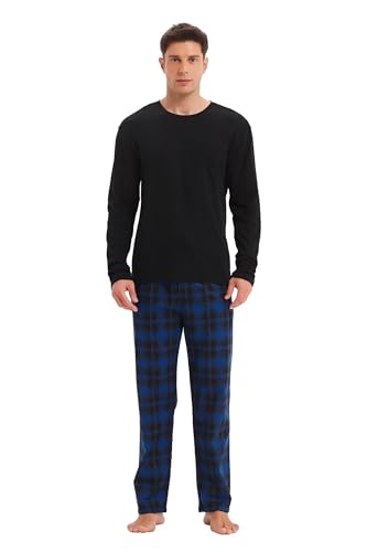 GLOBAL Herren Schlafanzüge Flanell Herren Pyjama Set Baumwolle Langarm-Pullover Oberteil und elastische Unterteile mit Kordelzug Weich Bequem Schwarzes Top Blau/Schwarz Kariert Hose S von GLOBAL