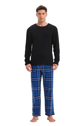 GLOBAL Herren Schlafanzüge Flanell Herren Pyjama Set Baumwolle Langarm-Pullover Oberteil und elastische Unterteile mit Kordelzug Weich Bequem Schwarzes Top Blau/Weiß/Schwarz, Kariert Hose L von GLOBAL