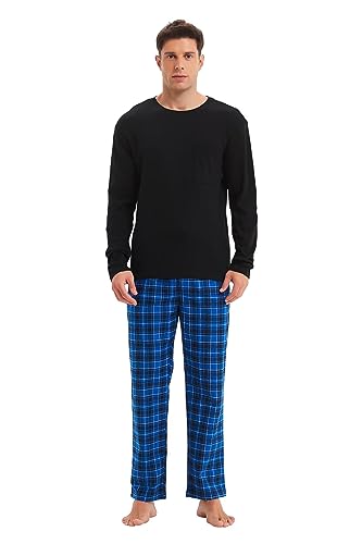 GLOBAL Herren Schlafanzüge Flanell Herren Pyjama Set Baumwolle Langarm-Pullover Oberteil und elastische Unterteile mit Kordelzug Weich Bequem Schwarzes Top Blau/Weiß/Schwarz, Kariert Hose L von GLOBAL