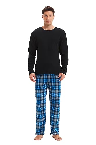 GLOBAL Herren Schlafanzüge Flanell Herren Pyjama Set Baumwolle Langarm-Pullover Oberteil und elastische Unterteile mit Kordelzug Weich Bequem Schwarzes Top Grau/Blau/Weiß, Kariert Hose L von GLOBAL