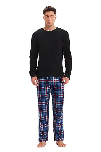 GLOBAL Herren Schlafanzüge Flanell Herren Pyjama Set Baumwolle Langarm-Pullover Oberteil und elastische Unterteile mit Kordelzug Weich Bequem Schwarzes Top Rot/Blau/Grau, Kariert Hose L von GLOBAL