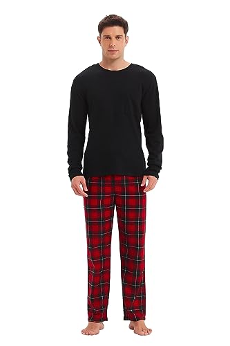 GLOBAL Herren Schlafanzüge Flanell Herren Pyjama Set Baumwolle Langarm-Pullover Oberteil und elastische Unterteile mit Kordelzug Weich Bequem Schwarzes Top Rot/Schwarz/Weiß Kariert Hose L von GLOBAL