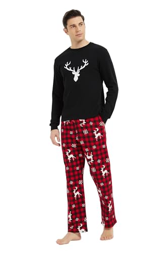 GLOBAL Herren Schlafanzüge Flanell Herren Pyjama Set Baumwolle Langarm-Pullover Oberteil und elastische Unterteile mit Kordelzug Weich Bequem Schwarzes Top Rot/Schwarz Karierte Hose XL von GLOBAL