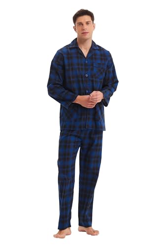 GLOBAL Herren Schlafanzug Flanell Herren Pyjama Set Lang Baumwolle Herren Zweiteilige Nachtwäsche Loungewear Schlafanzughose Lang Gummizug und Kordelzug,XXL von GLOBAL