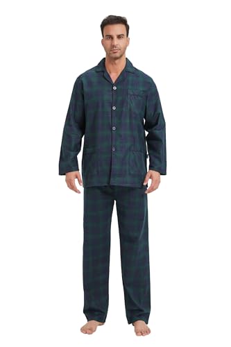 GLOBAL Herren Schlafanzug Flanell Pyjama Set Lang Baumwolle Zweiteilige Nachtwäsche Loungewear Schlafanzughose Mit Gummizug Und Kordelzug Blau/Grün Kariert M von GLOBAL