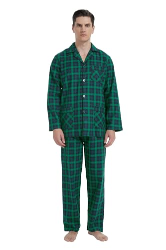 GLOBAL Pyjama für Herren, Flanell, Baumwolle, lang, elastisch, Kordelzug, Knöpfe, Winter, Bequeme Nachtwäsche, Blau/Grün Kariert 24161, XXL von GLOBAL
