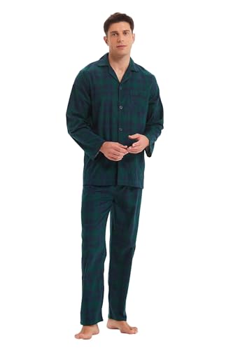 GLOBAL Herren Schlafanzug Flanell | Herren Pyjama Set Lang Baumwolle | Herren Zweiteilige Nachtwäsche Loungewear Schlafanzughose Lang Gummizug und Kordelzug Blau/Grün, Kariert L von GLOBAL