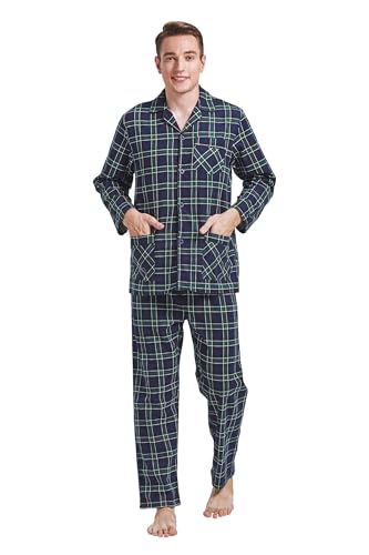GLOBAL Herren Schlafanzug Flanell Herren Pyjama Set Lang Baumwolle Herren Zweiteilige Nachtwäsche Loungewear Schlafanzughose Lang Gummizug und Kordelzug Blau/Grün Kariert XXL von GLOBAL