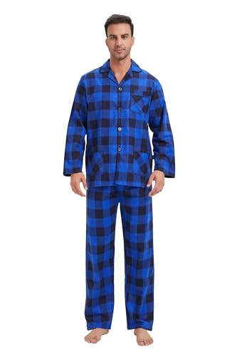 GLOBAL Herren Schlafanzug Flanell Herren Pyjama Set Lang Baumwolle Herren Zweiteilige Nachtwäsche Loungewear Schlafanzughose Lang Gummizug und Kordelzug Blau/Schwarz Kariert M von GLOBAL