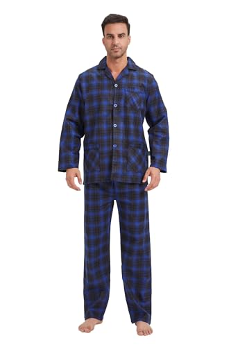 GLOBAL Herren Schlafanzug Flanell Herren Pyjama Set Lang Baumwolle Herren Zweiteilige Nachtwäsche Loungewear Schlafanzughose Lang Gummizug und Kordelzug Blau/Schwarz Kariert S von GLOBAL