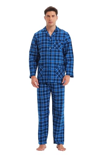 GLOBAL Herren Schlafanzug Flanell | Herren Pyjama Set Lang Baumwolle | Herren Zweiteilige Nachtwäsche Loungewear Schlafanzughose Lang Gummizug und Kordelzug Blau/Weiß/Schwarz, Kariert L von GLOBAL