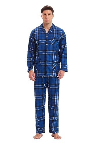 GLOBAL Herren Schlafanzug Flanell | Herren Pyjama Set Lang Baumwolle | Herren Zweiteilige Nachtwäsche Loungewear Schlafanzughose Lang Gummizug und Kordelzug Blau/Weiß/Schwarz, Kariert S von GLOBAL