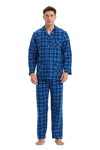 GLOBAL Herren Schlafanzug Flanell | Herren Pyjama Set Lang Baumwolle | Herren Zweiteilige Nachtwäsche Loungewear Schlafanzughose Lang Gummizug und Kordelzug Blau/Weiß/Schwarz, Kariert S von GLOBAL