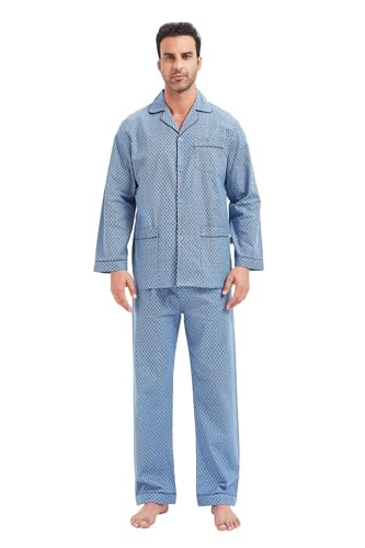 GLOBAL Herren Schlafanzug Flanell Herren Pyjama Set Lang Baumwolle Herren Zweiteilige Nachtwäsche Loungewear Schlafanzughose Lang Gummizug und Kordelzug Blau Kariert S von GLOBAL