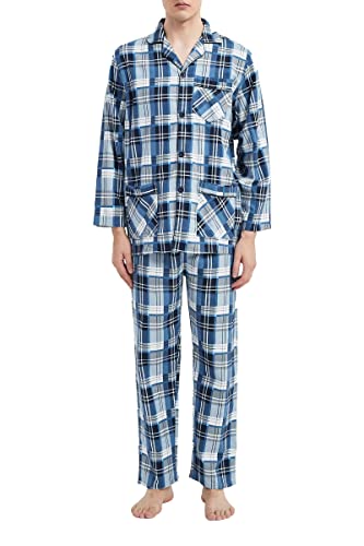 GLOBAL Herren Schlafanzug Flanell | Herren Pyjama Set Lang Baumwolle | Herren Zweiteilige Nachtwäsche Loungewear Schlafanzughose Lang Gummizug und Kordelzug| Blau-Weiß Kariert M von GLOBAL