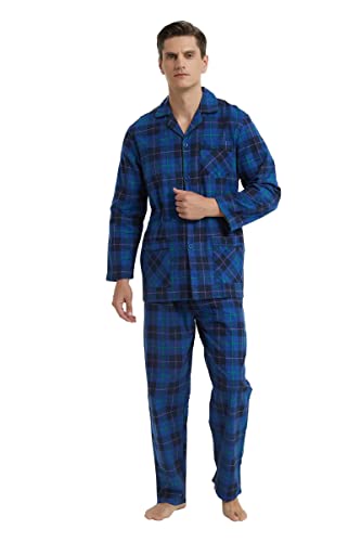 GLOBAL Herren Schlafanzug Flanell | Herren Pyjama Set Lang Baumwolle | Herren Zweiteilige Nachtwäsche Loungewear Schlafanzughose Lang Gummizug und Kordelzug| Blau und Schwarz Kariert L von GLOBAL