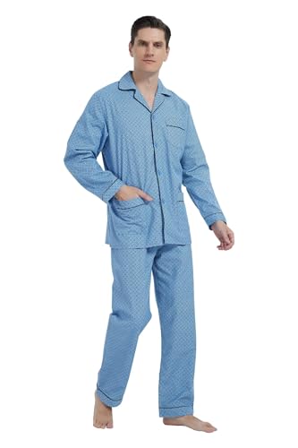 GLOBAL Herren Schlafanzug Flanell Herren Pyjama Set Lang Baumwolle Herren Zweiteilige Nachtwäsche Loungewear Schlafanzughose Lang Gummizug und Kordelzug Blaues Kariert S von GLOBAL
