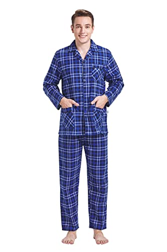 GLOBAL Herren Schlafanzug Flanell | Herren Pyjama Set Lang Baumwolle | Herren Zweiteilige Nachtwäsche Loungewear Schlafanzughose Lang Gummizug und Kordelzug Blaues Weißes,Kariert L von GLOBAL