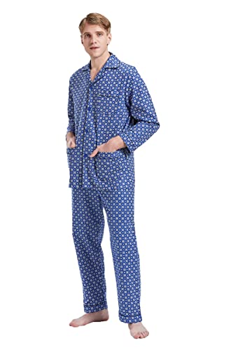 GLOBAL Herren Schlafanzug Flanell Pyjama Set Lang Baumwolle Zweiteilige Nachtwäsche Loungewear Schlafanzughose Lang Gummizug und Kordelzug | Dunkelblauer Diamant M von GLOBAL