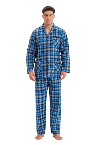 GLOBAL Herren Schlafanzug Flanell | Herren Pyjama Set Lang Baumwolle | Herren Zweiteilige Nachtwäsche Loungewear Schlafanzughose Lang Gummizug und Kordelzug Grau/Blau/Weiß, Kariert L von GLOBAL