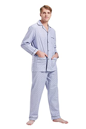 GLOBAL Herren Schlafanzug Flanell | Herren Pyjama Set Lang Baumwolle | Herren Zweiteilige Nachtwäsche Loungewear Schlafanzughose Lang Gummizug und Kordelzug| Graublaues Muster L von GLOBAL