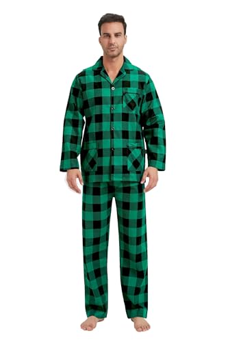 GLOBAL Herren Pyjama Flanell Pyjama-Sets Herren Baumwolle Nachtwäsche Oberteil Zweiteilig Warm Pyjama Sets Knopfleiste Langarm | Loungewear, Kariert Grün/Schwarz 2458, XXL von GLOBAL