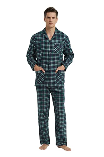 GLOBAL Herren Schlafanzug Flanell | Herren Pyjama Set Lang Baumwolle | Herren Zweiteilige Nachtwäsche Loungewear Schlafanzughose Lang Gummizug und Kordelzug| Grün und Schwarz Kariert L von GLOBAL