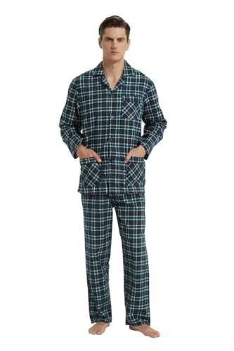 GLOBAL Herren Schlafanzug Flanell | Pyjama Set Lang Baumwolle | Zweiteilige Nachtwäsche Loungewear Schlafanzughose Lang Gummizug und Kordelzug | Grün und Schwarz Kariert M von GLOBAL