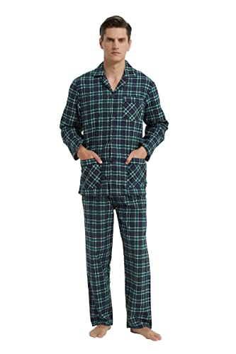 GLOBAL Herren Schlafanzug Flanell | Herren Pyjama Set Lang Baumwolle | Herren Zweiteilige Nachtwäsche Loungewear Schlafanzughose Lang Gummizug und Kordelzug| Grün und Schwarz Kariert S von GLOBAL