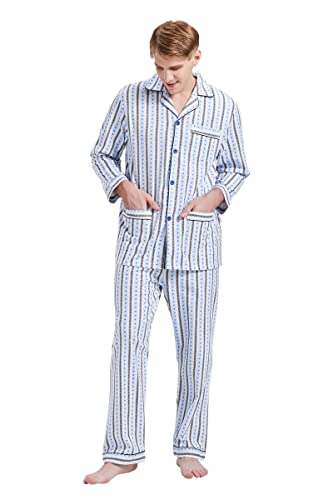 GLOBAL Herren Schlafanzug Flanell Herren Pyjama Set Lang Baumwolle Herren Zweiteilige Nachtwäsche Loungewear Schlafanzughose Lang Gummizug und Kordelzug Hellblaue, Diamantschwarze Streifen L von GLOBAL