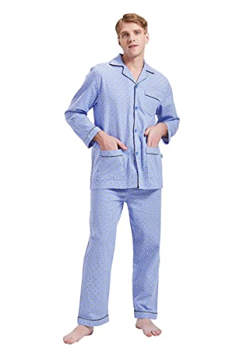 GLOBAL Herren Schlafanzug Flanell | Herren Pyjama Set Lang Baumwolle | Herren Zweiteilige Nachtwäsche Loungewear Schlafanzughose Lang Gummizug und Kordelzug| Klassische Blaue Raute L von GLOBAL