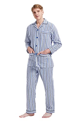 GLOBAL Herren Schlafanzug Flanell | Herren Pyjama Set Lang Baumwolle | Herren Zweiteilige Nachtwäsche Loungewear Schlafanzughose Lang Gummizug und Kordelzug| Neuer Blauer Streifen L von GLOBAL