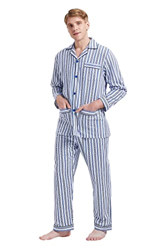GLOBAL Herren Schlafanzug Flanell | Herren Pyjama Set Lang Baumwolle | Herren Zweiteilige Nachtwäsche Loungewear Schlafanzughose Lang Gummizug und Kordelzug| Neuer Blauer Streifen S von GLOBAL