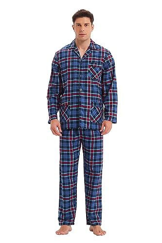 GLOBAL Herren Schlafanzug Flanell | Herren Pyjama Set Lang Baumwolle | Herren Zweiteilige Nachtwäsche Loungewear Schlafanzughose Lang Gummizug und Kordelzug Rot/Blau/Grau, Kariert L von GLOBAL