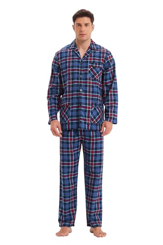 GLOBAL Herren Schlafanzug Flanell | Herren Pyjama Set Lang Baumwolle | Herren Zweiteilige Nachtwäsche Loungewear Schlafanzughose Lang Gummizug und Kordelzug Rot/Blau/Grau, Kariert M von GLOBAL