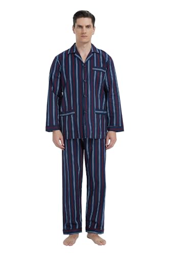GLOBAL Herren Schlafanzug Flanell Pyjama Set Lang Baumwolle Zweiteilige Nachtwäsche Loungewear Schlafanzughose Mit Gummizug und Kordelzug Rot/Blau Kariert L von GLOBAL