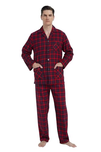 GLOBAL Herren Schlafanzug Flanell Herren Pyjama Set Lang Baumwolle Herren Zweiteilige Nachtwäsche Loungewear Schlafanzughose Lang Gummizug und Kordelzug Rot/Blau Kariert XXL von GLOBAL
