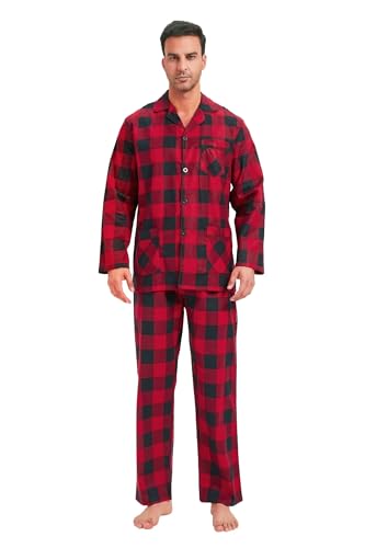 GLOBAL Herren Schlafanzug Flanell Herren Pyjama Set Lang Baumwolle Herren Zweiteilige Nachtwäsche Loungewear Schlafanzughose Lang Gummizug und Kordelzug Rot/Schwarz Kariert XL von GLOBAL