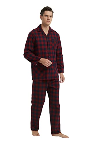 GLOBAL Herren Schlafanzug Flanell | Herren Pyjama Set Lang Baumwolle | Herren Zweiteilige Nachtwäsche Loungewear Schlafanzughose Lang Gummizug und Kordelzug| Rot und Schwarz Kariert L von GLOBAL