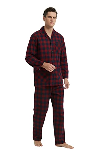 GLOBAL Herren Schlafanzug Flanell | Herren Pyjama Set Lang Baumwolle | Herren Zweiteilige Nachtwäsche Loungewear Schlafanzughose Lang Gummizug und Kordelzug| Rot und Schwarz Kariert M von GLOBAL