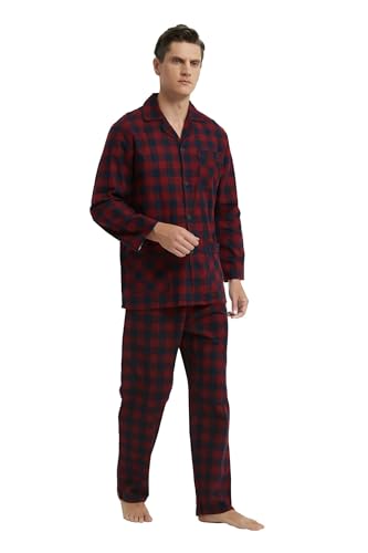 GLOBAL Herren Schlafanzug Flanell | Herren Pyjama Set Lang Baumwolle | Herren Zweiteilige Nachtwäsche Loungewear Schlafanzughose Lang Gummizug und Kordelzug| Rot und Schwarz Kariert S von GLOBAL