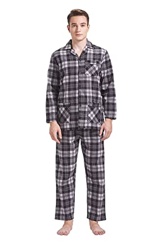 GLOBAL Herren Schlafanzug Flanell | Herren Pyjama Set Lang Baumwolle | Herren Zweiteilige Nachtwäsche Loungewear Schlafanzughose Lang Gummizug und Kordelzug| Schwarzes Gitter L von GLOBAL