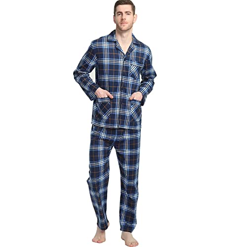GLOBAL Herren Schlafanzug Flanell | Pyjama Set Lang Baumwolle | Zweiteilige Nachtwäsche Loungewear Schlafanzughose Lang Mit Gummizug Und Kordelzug | Dunkelblaues Plaid XL von GLOBAL