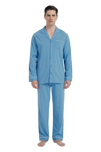 GLOBAL Herren Schlafanzug Lang Baumwolle Nightwear Set Langarm Shirt mit Tasche Pyjamahose Zweiteilig Set Nachtwäsche Hellblau L von GLOBAL