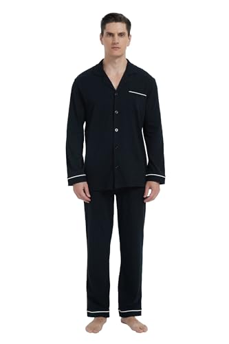 GLOBAL Herren Schlafanzug Lang Baumwolle Nightwear Set Langarm Shirt mit Tasche Pyjamahose Zweiteilig Set Nachtwäsche Schwarz L von GLOBAL